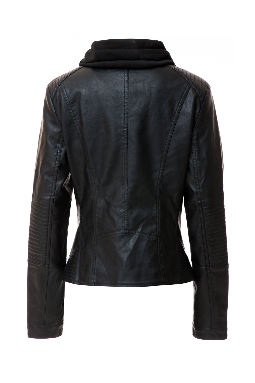 Women's Casual Stand Collar Detachable Hood PU Leather Jacket