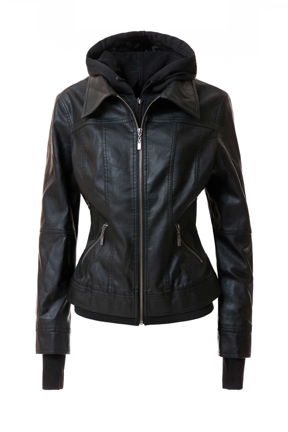 Women's Casual Stand Collar Detachable Hood PU Leather Jacket