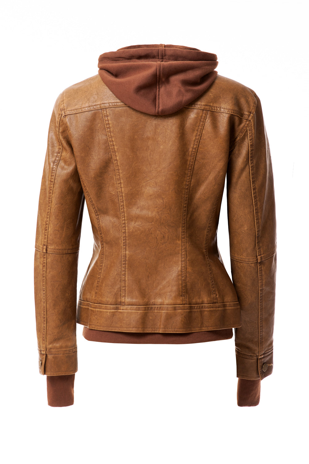Women's Casual Stand Collar Detachable Hood PU Leather Jacket