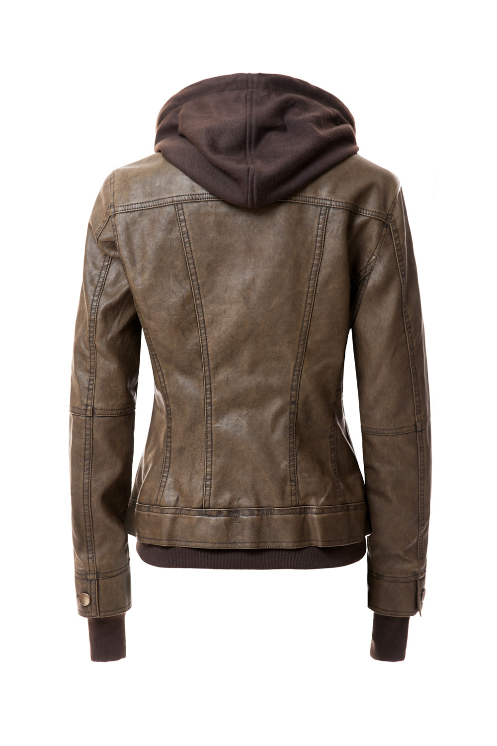 Women's Casual Stand Collar Detachable Hood PU Leather Jacket