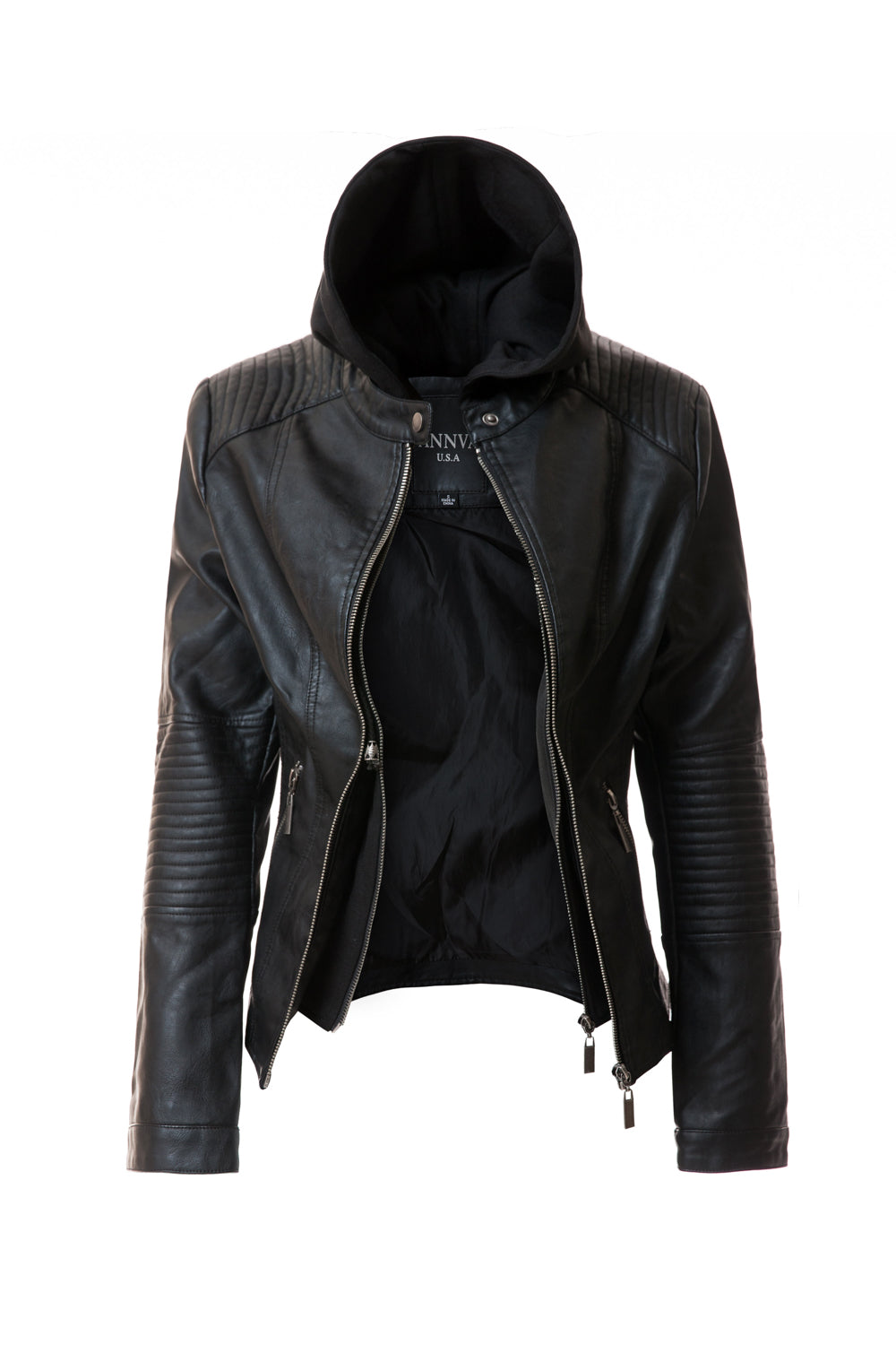 Women faux Leather Hooded Jacket