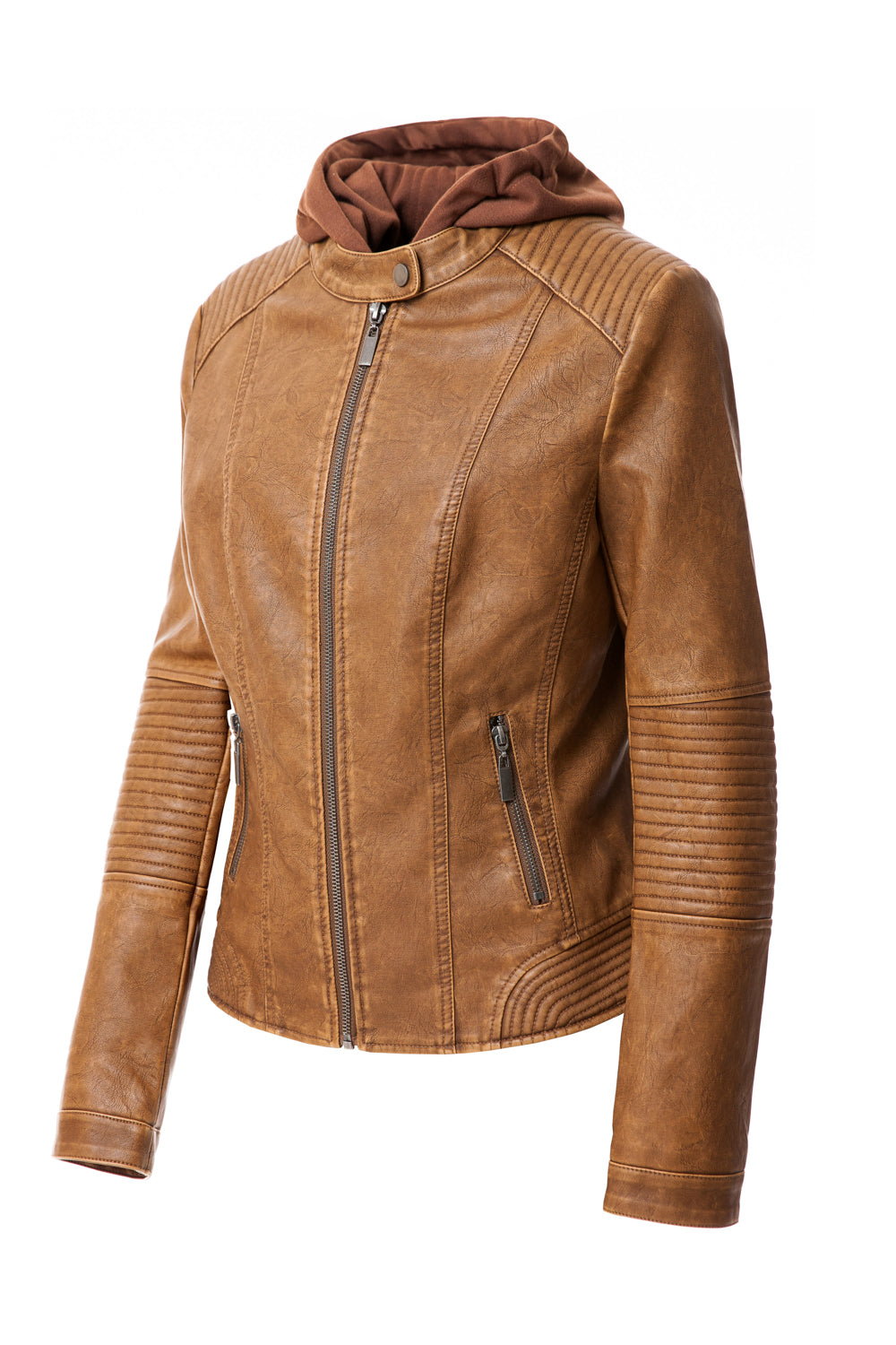 Women faux Leather Hooded Jacket