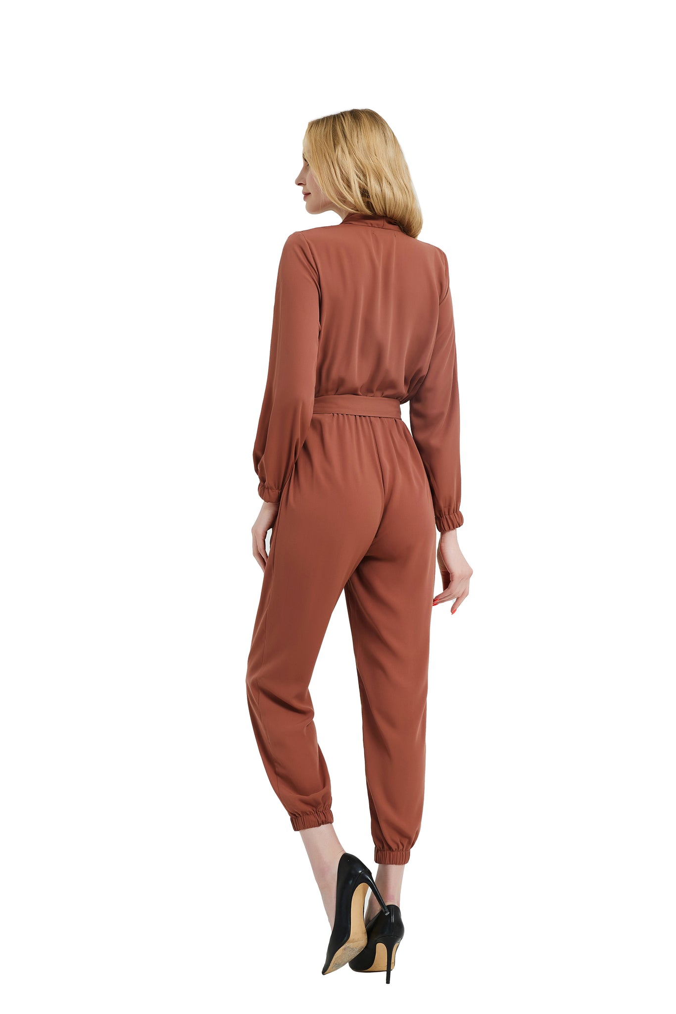 Women Casual Loose Long Sleeve Belted Wide Leg Pant Romper - annva-usa