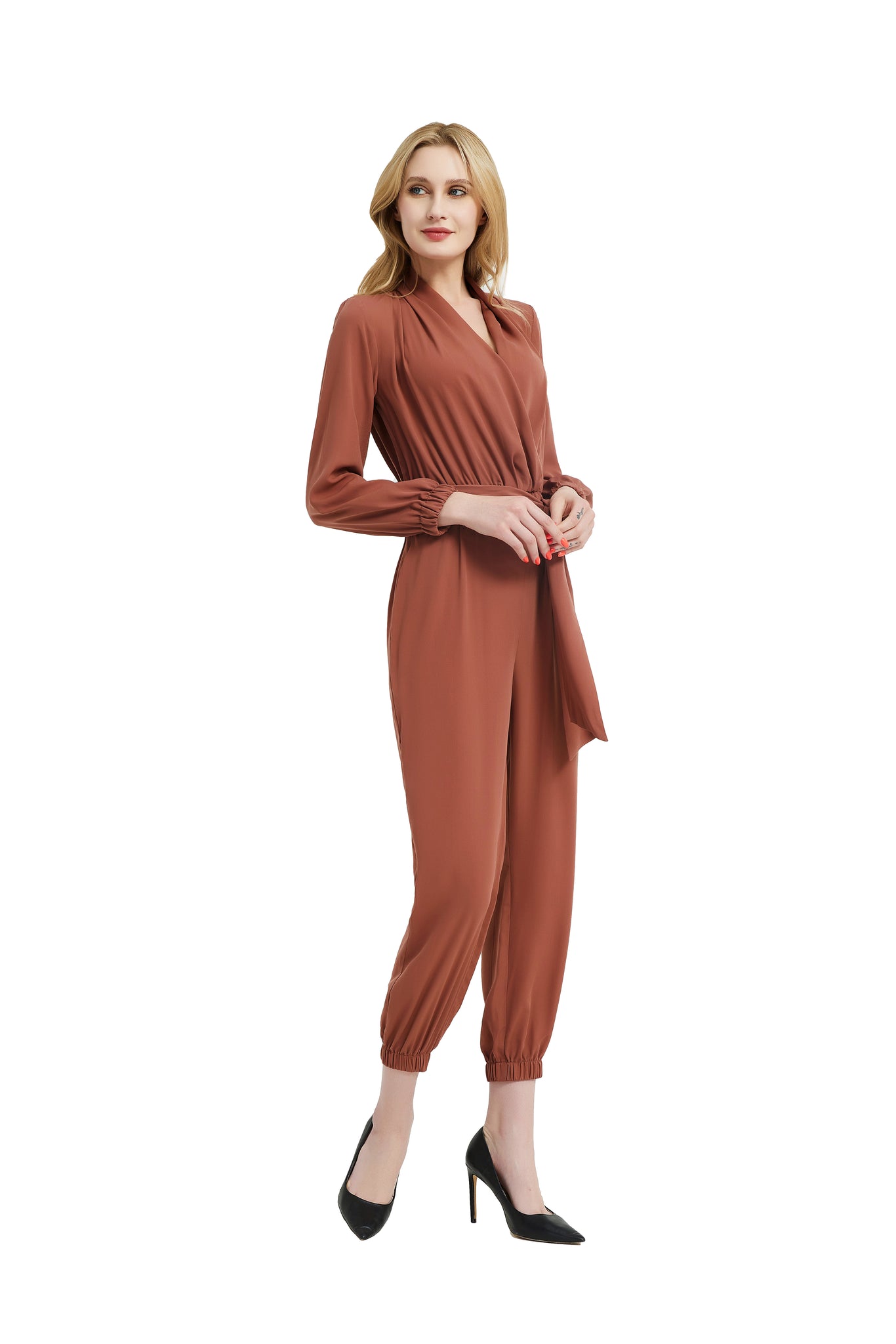 Women Casual Loose Long Sleeve Belted Wide Leg Pant Romper - annva-usa