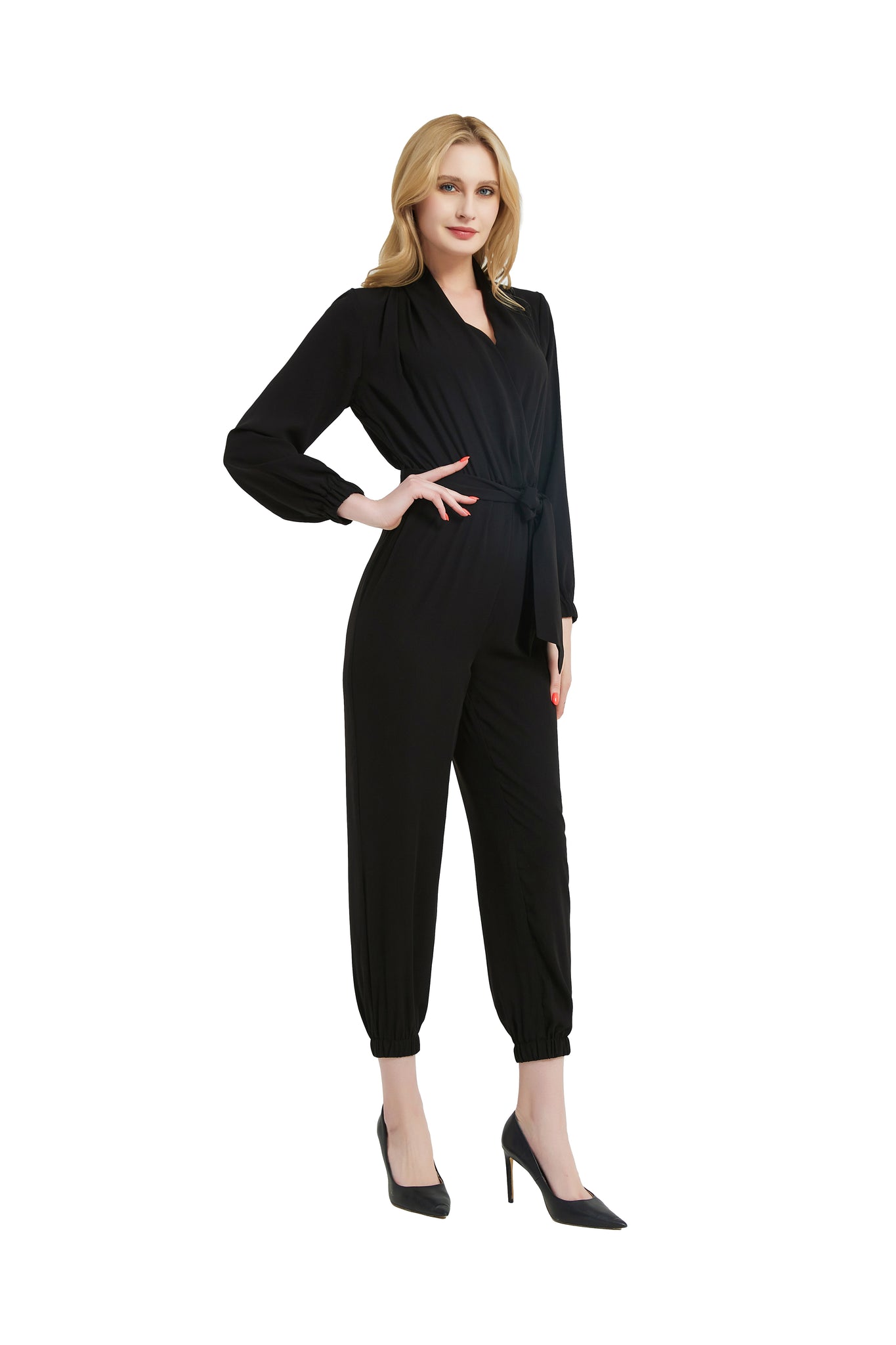 Women Casual Loose Long Sleeve Belted Wide Leg Pant Romper - annva-usa